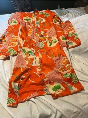 Bright Orange Floral vintage, genuine Japanese child or small person kimono Robe